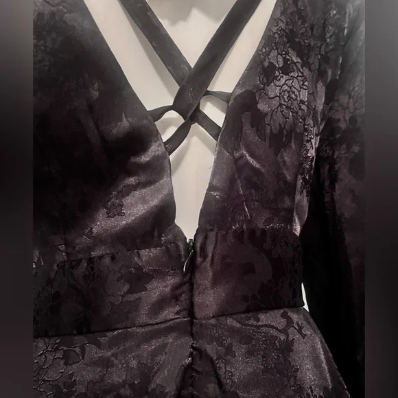 SOLD - Allison & Kelly Gothic Black Brocade Silky Backless Ruffle Mini Dress - Picture 6 of 8